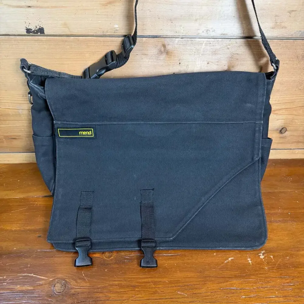 Mend Black Canvas Messenger Bag with Red Printed Interior Lining